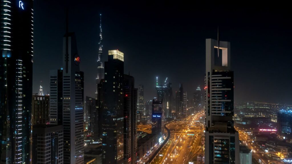 Explore Dubai's breathtaking night skyline featuring iconic skyscrapers like the Burj Khalifa.
