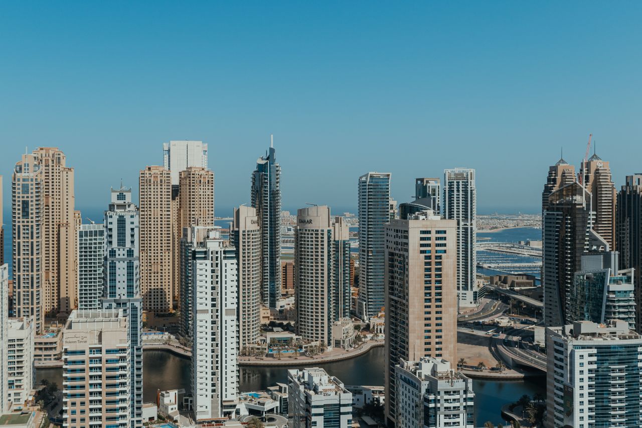 A breathtaking view of Dubai's modern skyline featuring towering skyscrapers and futuristic architecture.